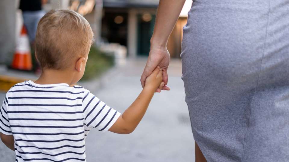 A small boy holding an adult's hand as they walk along a street, seen from behind