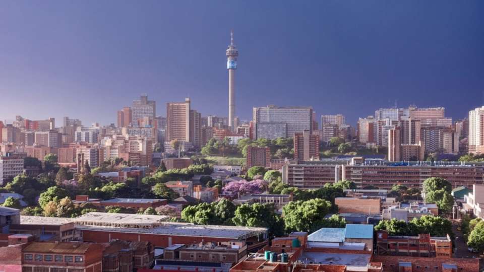The Johannesburg skyline with the Hillbrow Tower, and jacaranda trees in bloom in the foreground